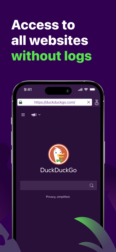 TOR Web Browser Dark Onion - Captura de pantalla de la aplicación TOR Web Browser mostrando navegación privada con DuckDuckGo y un mensaje sobre acceso sin registros.
