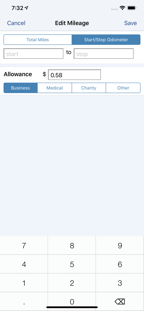 BizXpenseTracker Pro - BizXpenseTracker Pro mileage entry screen showing odometer input and category selection