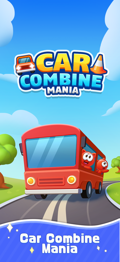 Car Combine Mania - Title screen of the Car Combine Mania puzzle game featuring a cartoon red bus with characters