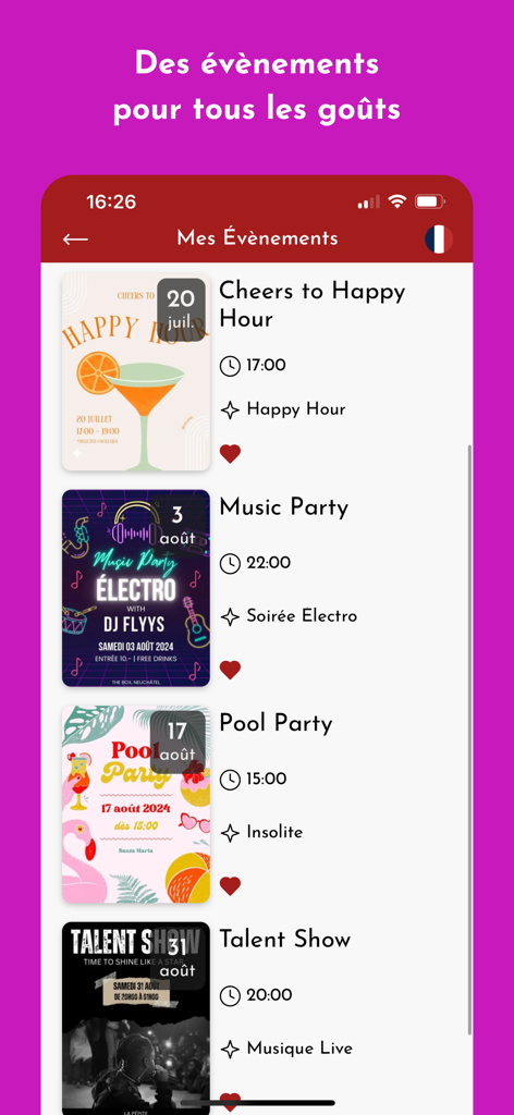 NeoSpot Mobile App-Bildschirm zeigt eine kuratierte Liste kommender Nachtleben-Events, einschließlich Happy Hours und Electro-Partys.