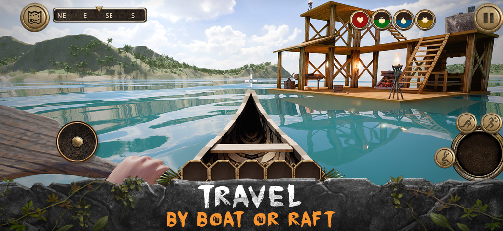 Survival Island: EVO Adventure - Perspektive aus der Ich-Perspektive beim Rudern eines Kanus in Richtung einer Holzflossstruktur auf dem Wasser in Survival Island: EVO Adventure.