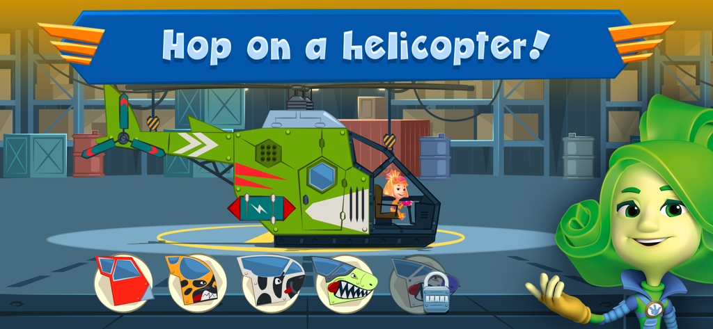 A character from The Fixies presenting helicopter customization options in a warehouse.