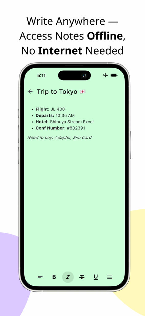 Shared Notes: Couples & AI - Smartphone que muestra un itinerario de viaje para un viaje a Tokio en modo sin conexión.