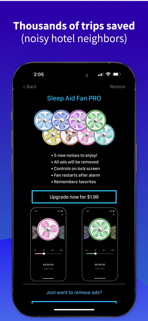 Sleep Aid Fan - White Noise - Sleep Aid Fan PRO app screen showing upgrade features to mask hotel noise for better travel sleep