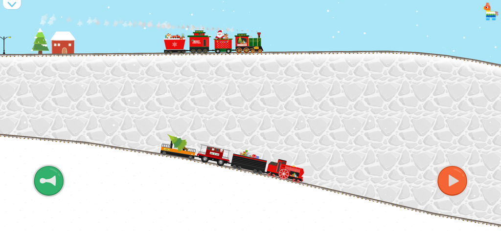 Labo Christmas Train:Kids Game - Two Christmas trains driving on snowy tracks in a winter landscape.