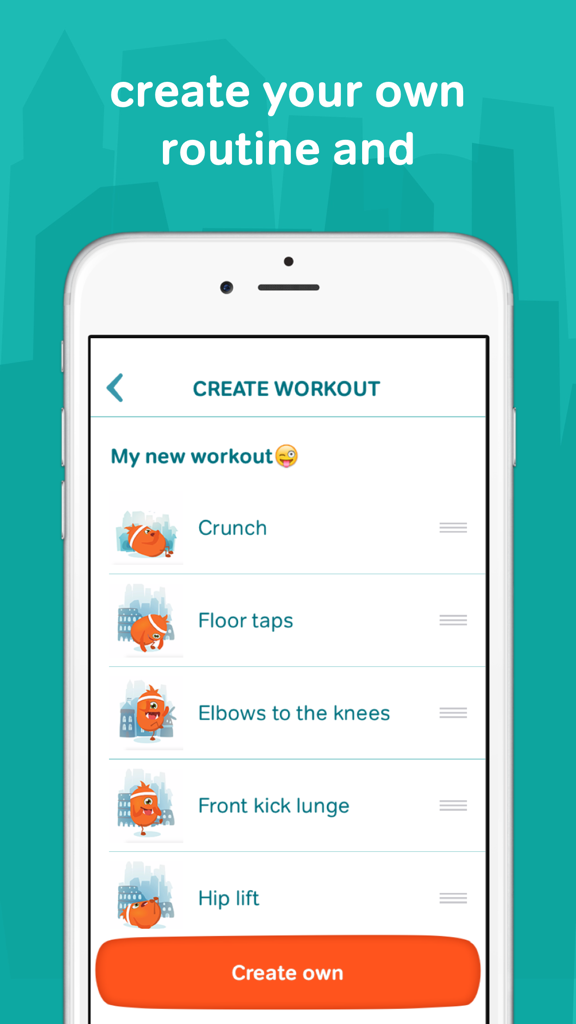 7 minute workouts with lazy monster PRO: daily fitness for kids and women - Screenshot of the create workout screen in the Lazy Monster PRO app showing custom exercise options like crunch and floor taps
