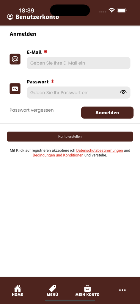 Jambo African Dishes - Login and account registration screen for the Jambo African Dishes mobile app in German