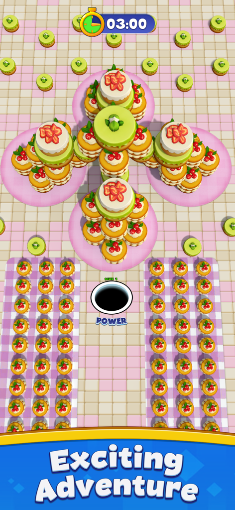 Hole Collect: Black Hole 3D - A black hole in a 3D puzzle game surrounded by rows and stacks of colorful cakes.