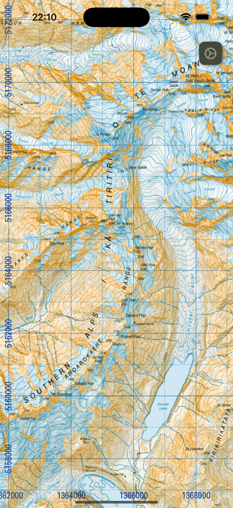 MapApp NZ South Island - A detailed topographic map of the New Zealand Southern Alps featuring Hooker Lake and surrounding glaciers.