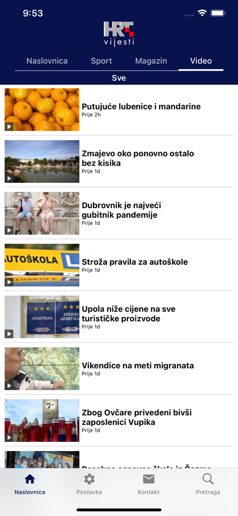 HRTvijesti - Video news feed in the HRTvijesti app showing various Croatian news reports
