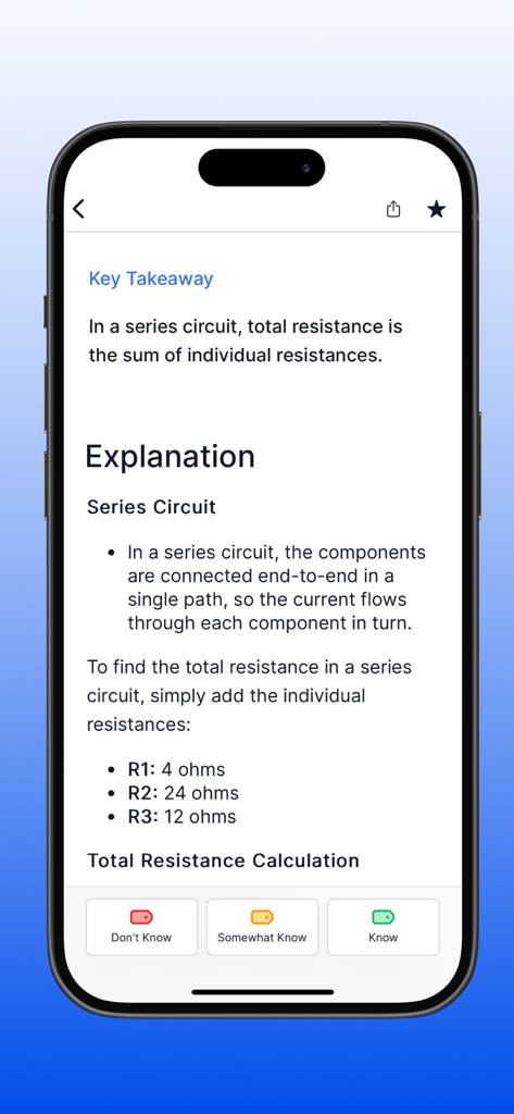 ASVAB Mastery app lesson explaining series circuit resistance with knowledge tracking buttons