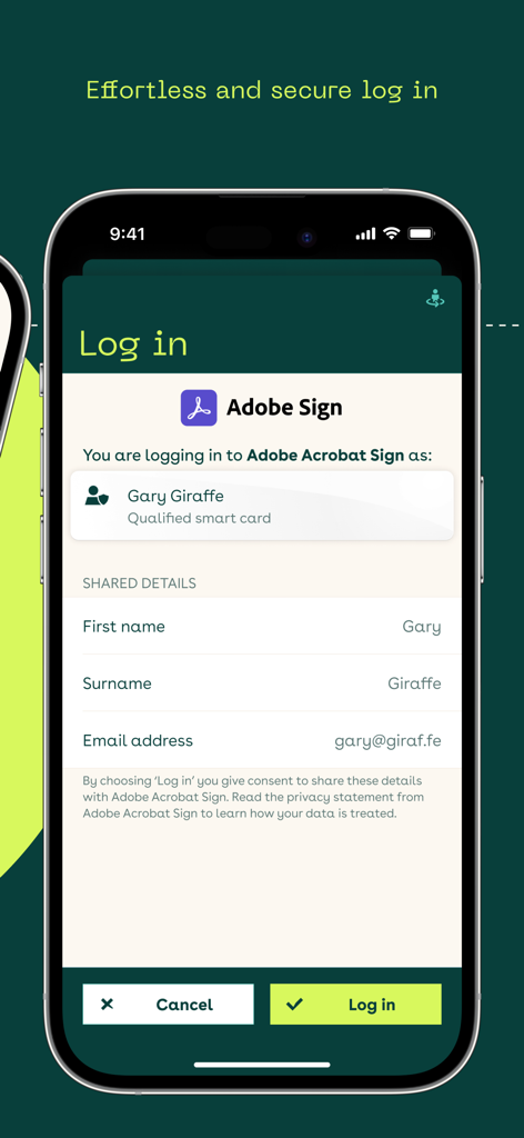 Digidentity Wallet - Digidentity Wallet app showing a secure login request screen for Adobe Acrobat Sign displaying shared user details like name and email