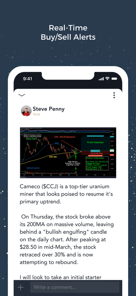 SilverChartist - SilverChartist app screen showing a real-time trading alert with a technical analysis chart for uranium stocks