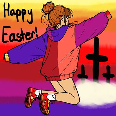 realistic girl jumping with a bun and oversized sweatshirt