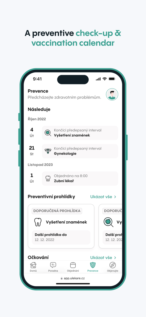 uLékaře.cz - uLékaře.cz app screen showing preventive check-ups and vaccination schedule