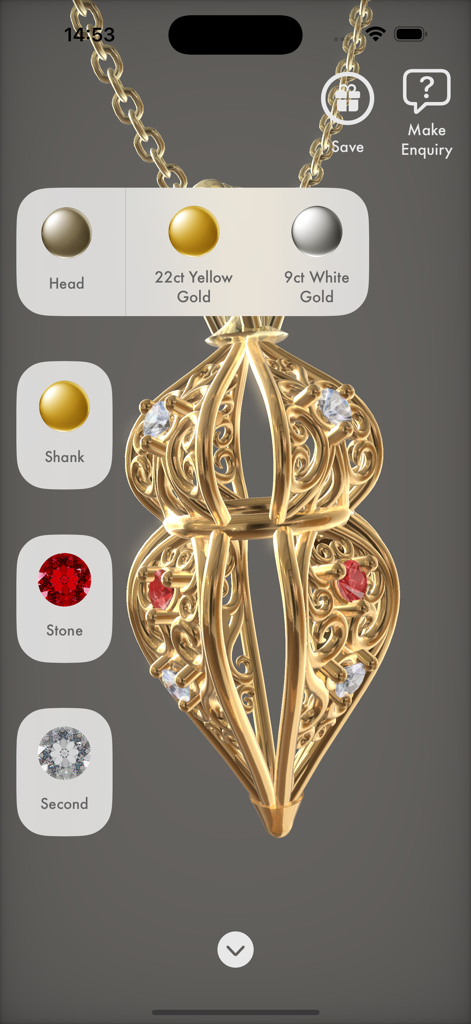 Ceric AR - Interface of the Ceric AR app showing a gold pendant with customizable metal and stone options.