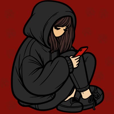 a girl sitting on her phone in a oversized hoodie