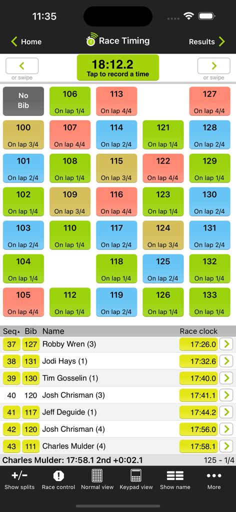 Webscorer Race Timer - Webscorer Race Timer interface showing bib number tracking and lap results