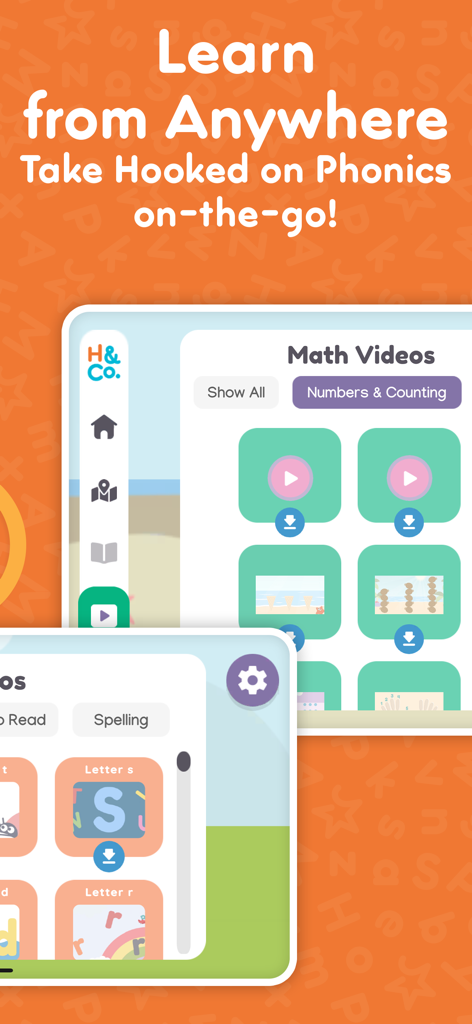 Mobile app screens showing math videos and phonics lessons for children learning on the go
