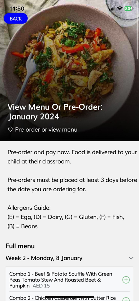 Kalo Hospitality app showing a school meal menu and pre-ordering options for parents