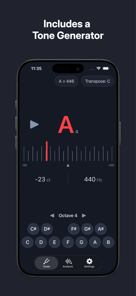 AudioPitch Tuner - Pantalla del generador de tonos de la aplicación Afinador AudioPitch con teclas de piano y visualización de tono
