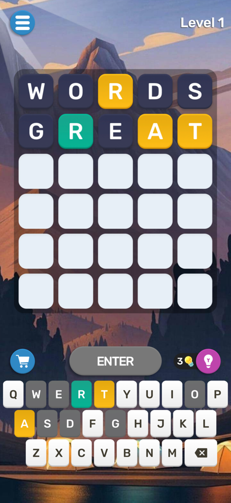 Word Mind mobile app showing a word puzzle challenge with color coded letter feedback on a mountain background