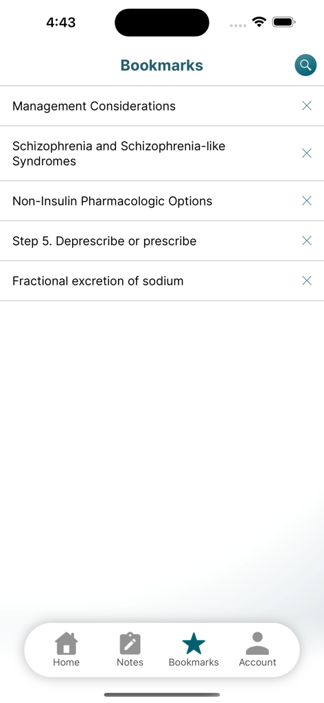 iGeriatrics - Bookmarks screen in the iGeriatrics app showing saved clinical clinical guidelines and medical tools