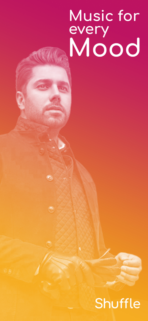 Shuffle Music - A man looking upwards on a gradient background with text Music for every Mood and Shuffle logo