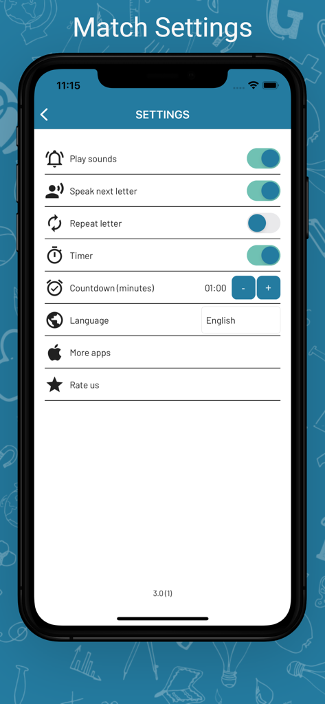 Menú de configuración de la aplicación Stop que muestra opciones para sonidos del juego, anuncios de voz y temporizador de ronda.