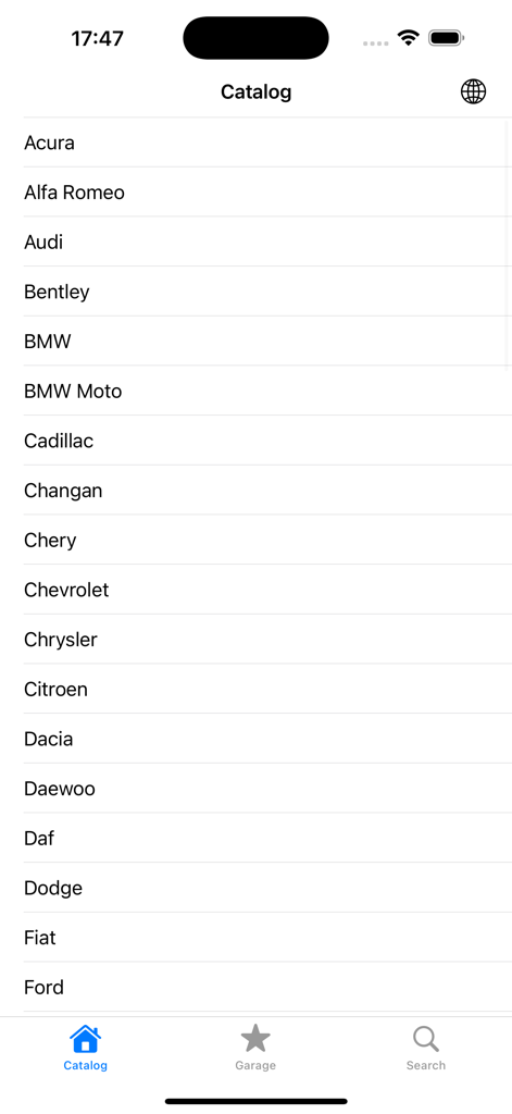 Car Parts - OEM catalogs - List of supported car brands in the OEM catalogs app including Acura Audi and BMW