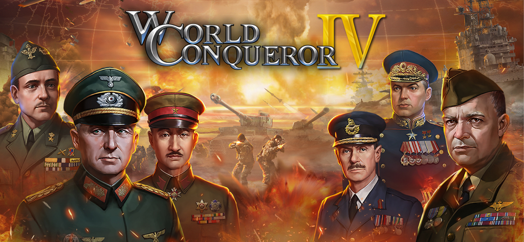 World Conqueror 4 title art featuring WWII generals and tanks on a battlefield