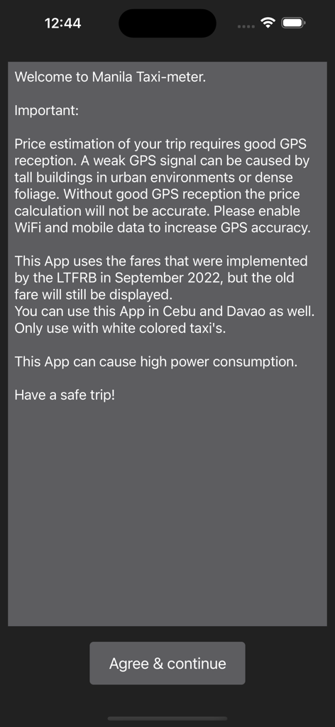 Manila Taxi-meter - Welcome and disclaimer screen of the Manila Taxi-meter app with an Agree and Continue button