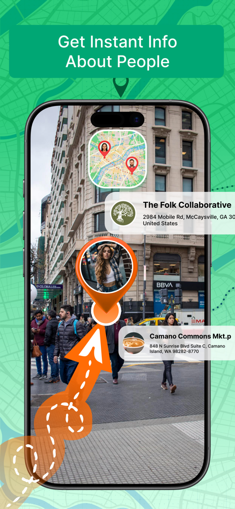Caller Location Client app interface showing location pins and contact information over a city street view