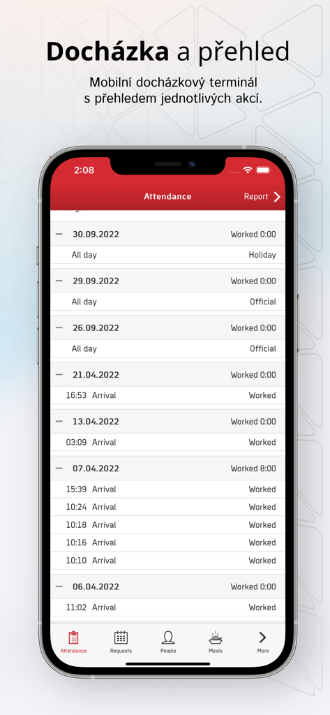 Aktion mobile App Anwesenheitsbildschirm, der eine detaillierte Aufzeichnung der täglichen Arbeitsstunden und Ankunftszeiten anzeigt