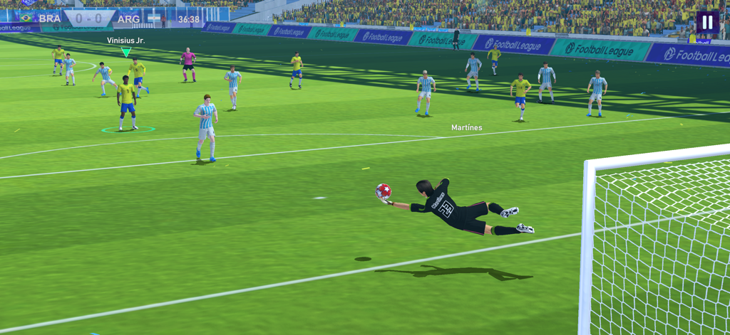 Football League™ 2025 - Gameplay of Football League 2025 showing a goalkeeper diving to save a ball in a match between Brazil and Argentina