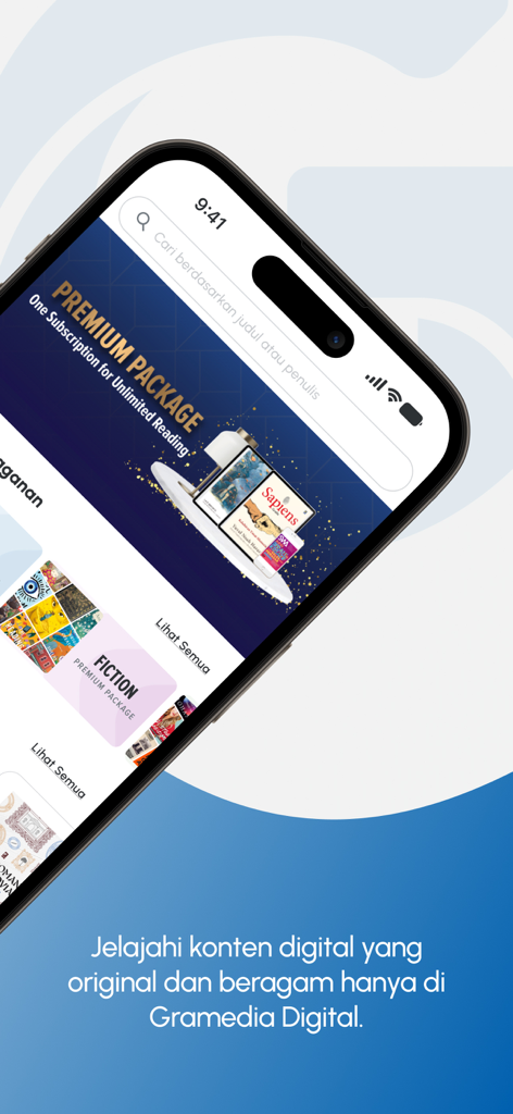 Oberfläche der Gramedia Digital App, die das Premium-Paket für unbegrenztes Lesen von indonesischen eBooks und Zeitschriften zeigt.