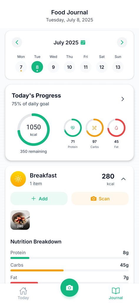 Kaloria - AI Calorie Tracker - Kaloria app food journal interface showing daily calorie progress and meal nutrition breakdown