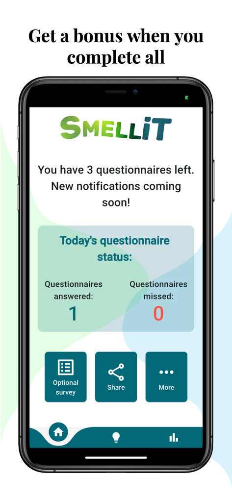 SMELLiT - SMELLiT 모바일 앱 인터페이스는 오늘의 설문조사 완료 상태와 보너스 진행 상황을 표시합니다.