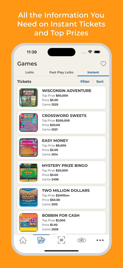 Une liste des jeux instantanés à gratter sur l'application WI Lottery montrant les prix principaux et les coûts des tickets
