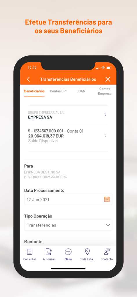 Tela do aplicativo móvel BPI Empresas para execução de transferências bancárias corporativas para beneficiários salvos