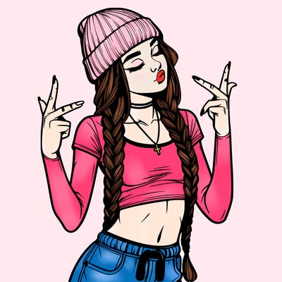 realistic teenage girl with braids and a beanie and crop top doing 🫶🏼