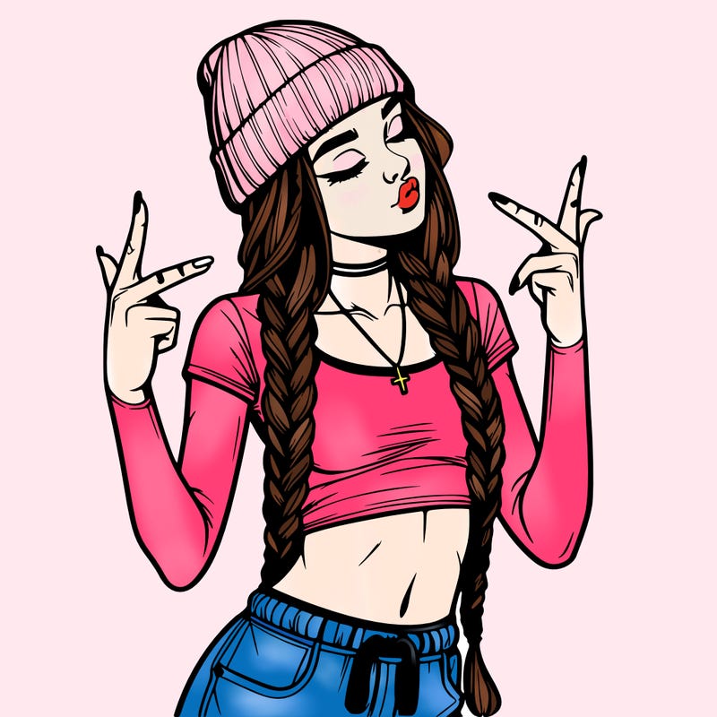 realistic teenage girl with braids and a beanie and crop top doing 🫶🏼