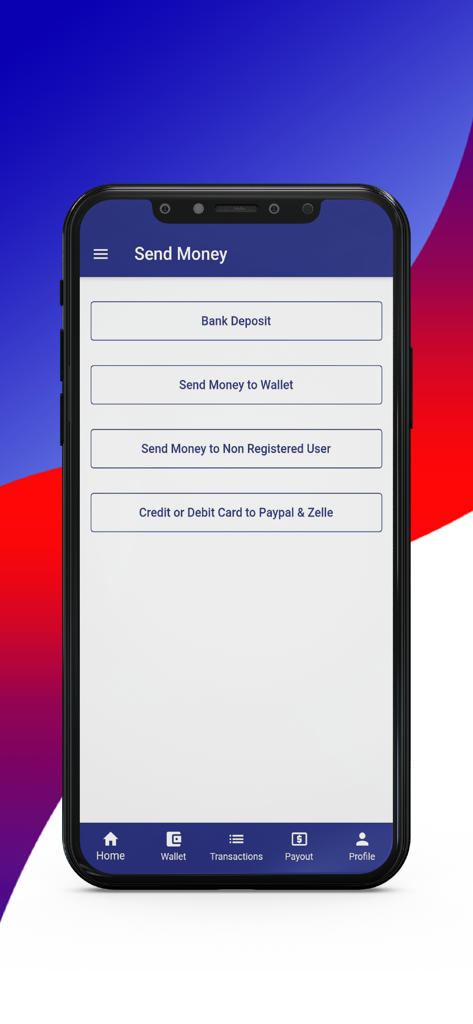 EziPay Wallet - EziPay Wallet app Send Money screen showing options for bank deposit and wallet transfers