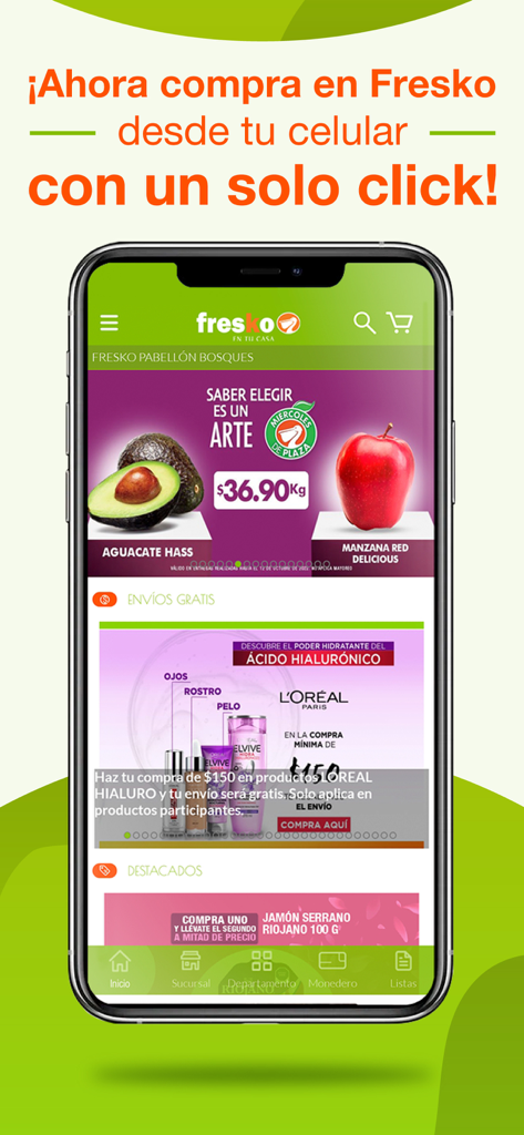 Fresko - Pantalla de inicio de la aplicación móvil Fresko en un iPhone mostrando promociones de comestibles y un banner de compra con un clic en español