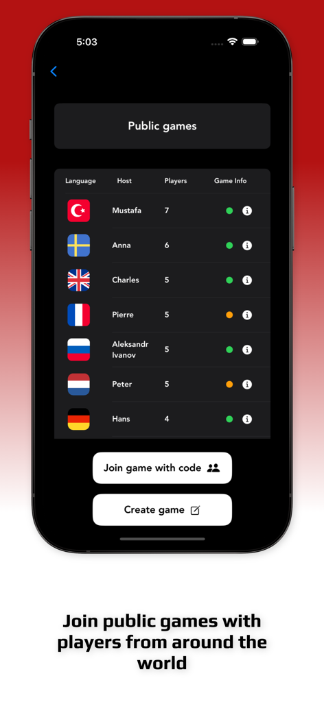 The Wolf: Party Game - Screenshot of the public games menu in The Wolf Party Game showing a list of global players and match options.