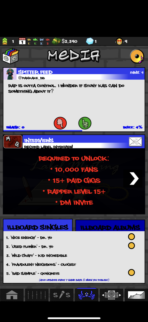 Rap Quest 2 in-game media interface displaying social media feed, label meeting requirements, and music charts.