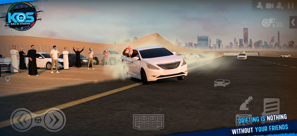 A white sedan drifting in front of a crowd with a desert and city skyline in King Of Steering Hajwala.