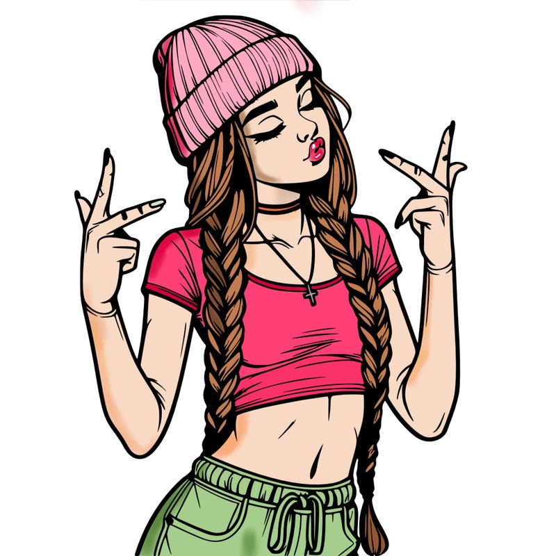 realistic teenage girl with braids and a beanie and crop top doing 🫶🏼
