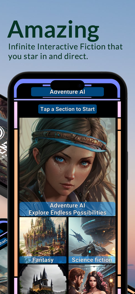 AI Adventure - Your Story RPG - Benutzeroberfläche der AI Adventure Mobile App, die verschiedene Story-Genres wie Fantasy, Science-Fiction und Romantik zeigt