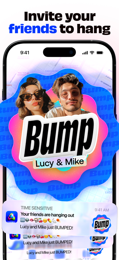 Bump app screenshot showing a notification that friends Lucy and Mike are hanging out together.